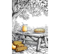 Patriotic coloring page for Independence Day or July 4th - A festive family barbecue - A table in the backyard with a big apple pie, hamburgers, corn ... pitcher of lemonade under a spreading tree