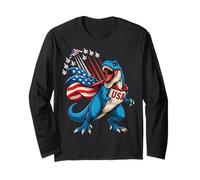 Patriotic Fighter Jets T Rex Dinosaur USA Flag 4 luglio Maglia a Manica