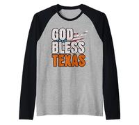 Patriotic God Bless Texas, Distressed American Flag Maglia con Maniche Raglan