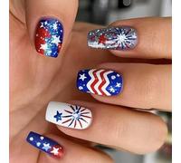Patriotic Short Square False Nails French Tip Press on Full Covers Fake Independence Day Glues on Glues on Glues on