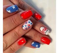 Patriotic Short Square False Nails French Tip Press on Full Covers Fake Independence Day Glues on Glues on Glues on