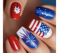 Patriotic Short Square False Nails French Tip Press on Full Covers Fake Independence Day Glues on Glues on Glues on