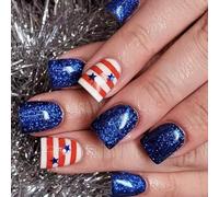 Patriotic Short Square False Nails French Tip Press on Full Covers Fake Independence Day Glues on Glues on Glues on