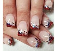 Patriotic Short Square False Nails Tip On Full Covers False Indipendence Day Guit On Independence Day French Tip Press On Nail