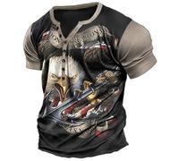 Patriotic USA Eagle T-Shirt da Uomo con Stampa 3D Camicia Henley invecchiata Manica Corta Casual con Scollo a V Camicia con Bottoni Top di Base