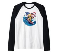 Patriotic Vibes con Teddy Bear sulla tavola da surf americana Maglia con Maniche Raglan