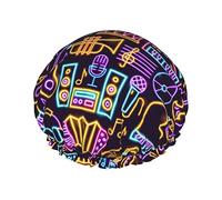Patrón de instrumentos musicales de neón Patrón de instrumentos musicales de neón Gorro de ducha reutilizable para mujer Gorro de baño con forro de PEVA impermeable Gorro de baño con dobladillo elásti