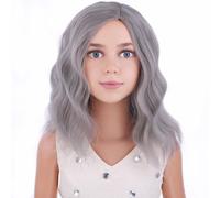 PATTNIUM Parrucca grigia per bambini parrucca grigia vecchia signora nonna parrucca per bambini parrucca corta riccia ondulata grigia parrucca sintetica resistente al calore con cuffia per parrucca