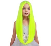 PATTNIUM Parrucca verde per bambini, lunga e liscia, verde lime, verde fluo, parrucca sintetica con riga centrale, per bambini