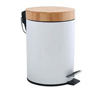 MSV Pattumiera per cosmetici, 3 litri, in acciaio inox e bambù, con abbassamento automatico e secchio interno, colore: bianco