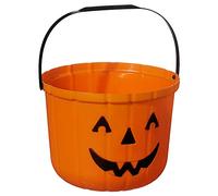 Pattumiera da collezione per Halloween, con manico, per dolci, colore arancione, con effetto zucca, con viso spaventoso, diametro 18 cm, altezza 15 cm