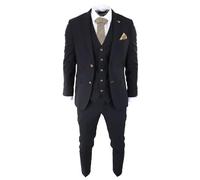 Paul Andrew Mens Black 3 Piece Suit Brown Trim Classic Birdseye Vintage Wedding Grooms