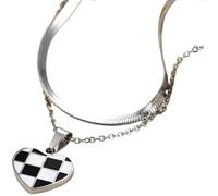 PAURO Acciaio Inossidabile Cuore Amore Pesca Design Scacchiera Collana Doppio Strato per Donna Unico Classico Elegante Catena Clavicola Argento