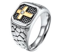 PAURO Acciaio Inossidabile Vintage Croce Sigillo Anelli per Uomo Intarsio Cubic Zirconia Banda Antico Crepa Motivo Religioso Fede Gioielli Argento Taglia 22