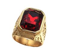 PAURO Anello da Sposa Annata Quadrato in Acciaio Inossidabile Dorato con Grande Pietra Rossa Taglia 25