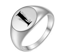 PAURO Anello in Acciaio Inossidabile Anello Personalizzato con Iniziale Ovale a Fiore Alfabeto dalla A alla Z Argento I Misura 12