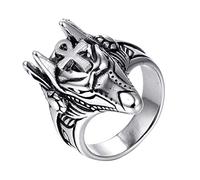 PAURO Anello Uomo Acciaio Inossidabile Antico Egiziano Dio Anu muleto Lupo Capo con Argento L'Occhio Attraversare Misura 19