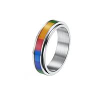 PAURO Unisex Anello Rotante in Acciaio Inossidabile Bandiera Arcobaleno LGBT Pride per Gay Lesbiche 6MM Argento Taglia 17