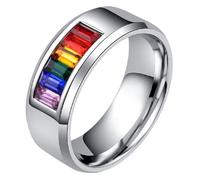 PAURO Unisex Channel Set Arcobaleno Orgoglio Zirkonia Anelli | Anello in Acciaio Inossidabile con Incastonatura a Canale, Channel Set, Gioiello Durevole Lucidato Uniforme per Uomo e Donna