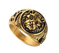 PAURO Uomo Acciaio Inossidabile Anello Punk Rotondo con Testa di Leone Prepotente in Pietra Preziosa Vintage Oro Nero Taglia 25