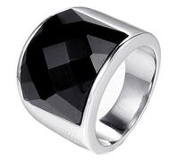PAURO Uomo Donna Acciaio Inossidabile Argento Simple Square Big Shiny Gemstone Wide Anello Band Nero Dimensione 17