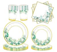 Pavewood Set di piatti di carta verde per 24 persone, come da immagine, set di piatti di carta verde salvia e bicchieri per feste di compleanno, matrimoni