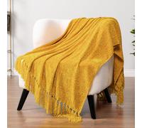 PAVILIA Coperta da tiro giallo senape per divano Coperta in ciniglia per divano letto Coperta in morbida maglia dorata con nappa Coperta decorati
