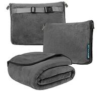 PAVILIA - Coperta da viaggio 2 in 1, set di coperta da aereo compatta, cuscino essenziale per auto, accessori regalo per viaggiatori, tracolla per zaino per bagagli, 152,4 x 109,22 cm, colore grigio