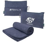 PAVILIA, Coperta da viaggio compatta con borsa, da aeroplano, con cuscino, per lunghi voli, leggera, con cinghia per bagagli, da campeggio, essenziale per i viaggiatori, blu navy, 165,1 x 101,6 cm