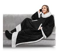 PAVILIA Coperta in pile con maniche e tasche per i piedi per donne e uomini adulti, coperta indossabile, calda e confortevole, extra morbida, con piedi, regalo per donne e mamme (nero solido)