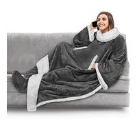 PAVILIA Coperta in pile con maniche e tasche per i piedi, per donne, uomini e adulti, coperta indossabile con maniche, coperta in peluche, comoda idea regalo per moglie e mamma, grigio scuro