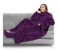 PAVILIA Coperta in pile con maniche, tasche per i piedi, per donne, uomini e adulti, coperta indossabile in peluche, calda coperta avvolgente, comoda idea regalo per moglie e mamma, viola scuro