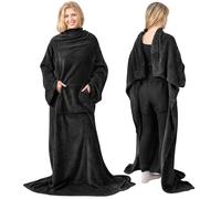 PAVILIA Coperta in pile nero indossabile con maniche per adulti, donne e uomini, morbida e calda, avvolgente, felpa con tasca, comoda coperta con