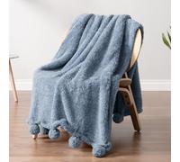 PAVILIA Coperta in pile Sherpa blu polveroso con morbida frange con pompon, soffice, calda, per divano, letto, divano, pelosa, in pile con pompon, leggera e soffice, blu, 127 x 152,4 cm