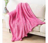 PAVILIA Coperta in pile Sherpa, con morbida frangia con pompon, morbida e calda, per divano, letto, divano, pelosa, in pile con pompon, leggera e soffice, rosa, 127 x 152,4 cm