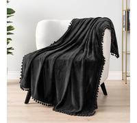 PAVILIA Coperta nera con pompon per divano, letto, divano, in pile, morbida e accogliente, leggera, con frange, decorativa, stile bohémien, decorazione per la casa, idea regalo, in flanella di