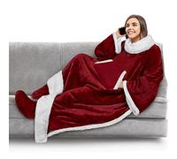 PAVILIA Coperta Sherpa con maniche, tasca per i piedi, per donne, uomini e adulti, coperta indossabile spessa, in pile, calda coperta avvolgente, comoda idea regalo per moglie e mamma, rosso scuro