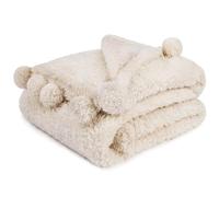 Pavilia Coperta Sherpa per divano e letto, color avorio, morbida, soffice coperta con pompon, 60 x 80 cm, color crema