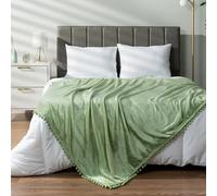 PAVILIA Coperta verde salvia con pompon per letto singolo, in pile, morbida e accogliente, leggera, con frange, decorativa, stile bohémien, decorazione per la casa, idea regalo, in flanella di