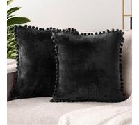 PAVILIA Copricuscini Neri con Pom Pom 18x18 Set di 2 Federe Decorative per Camera da Letto Cuscini Decorativi Piccoli in Velluto per Letto Copric