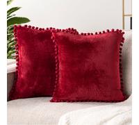 PAVILIA Copricuscini Rossi Borgogna con Pom Pom 20x20 Set di 2 Federe Decorative per Camera da Letto Cuscini Decorativi Piccoli in Velluto per Le