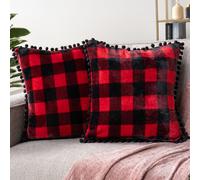 PAVILIA Plaid Rosso Nero Copricuscini Pom Pom 20x20 Set di 2 Federe Decorative per Camera da Letto Estetica Buffalo Check Piccoli Cuscini Set per