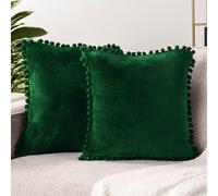 PAVILIA Set di 2 federe per cuscini in velluto, 45 x 45 cm, con pompon, decorative, per divano, letto, verde bosco, in pile con pompon