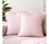 PAVILIA Set di 2 federe per cuscini in velluto rosa chiaro, 18 x 18 cm, con pompon decorativi per divano letto, federa in pile nero tinta unita