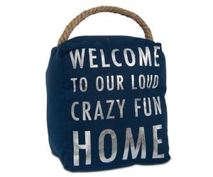 Pavilion Gift company Open Door Decor - Welcome to Our Crazy Fun House Forte Blu Navy e Argento fermaporta con Manico