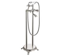 Pavimento Montato Freestanding Vasca Da Bagno Rubinetto In Nichel Spazzolato Riempitore Con Doccia Palmare Spray Doppia Croce Manopole Forma Telefono Alto Flusso Bagno Miscelazione Tap