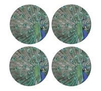 Pavone che mostra le piume e le ali aperte,Sottobicchieri rotondi in sughero MDF, sottobicchieri per tazze, set di 4 sottobicchieri per bevande
