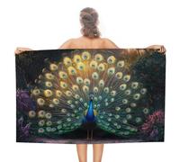 Pavone che mostra le sue piume di coda iridescenti, telo mare in microfibra senza sabbia, asciugamano da doccia grande, multiuso, assorbente, per bagno e piscina, 130 x 80 cm
