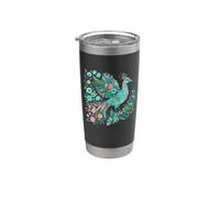 Pavone Floreale Uccello Piume Arte Botanica Bicchiere termico in acciaio inox doppia parete
