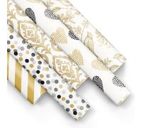 PAW - Carta da regalo 200x70cm - 5 rotoli | Mix di 5 disegni | Carta per Incartare Regali Elegante per Compleanni, Matrimoni, Baby shower, Feste e Regali - Nero e oro a fantasia